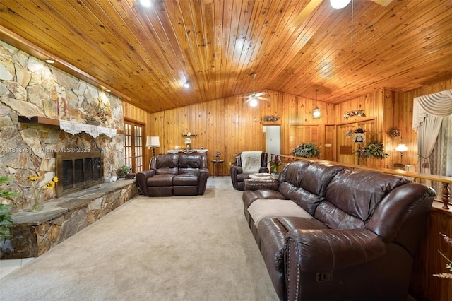 31260 SW 202nd Ave, Homestead, FL 33030 - living room with vaulted ceiling, a ceiling fan, wood ceiling, wooden walls, and carpet floors