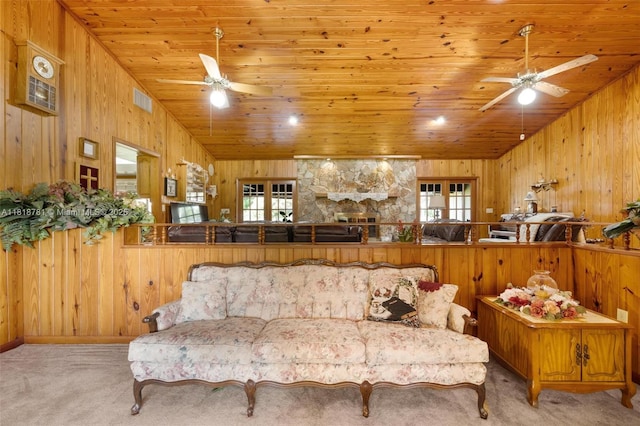 31260 SW 202nd Ave, Homestead, FL 33030 - carpeted living area featuring ceiling fan, wooden walls, and wooden ceiling