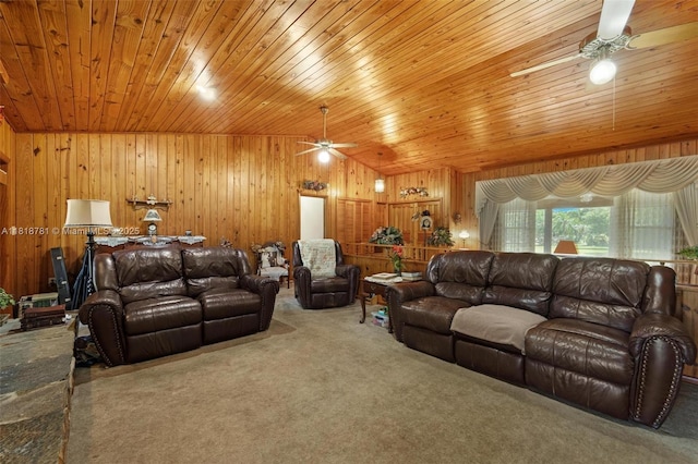 31260 SW 202nd Ave, Homestead, FL 33030 - living room with a ceiling fan, carpet flooring, wooden ceiling, and wooden walls