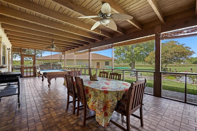 31260 SW 202nd Ave, Homestead, FL 33030 - sunroom with a ceiling fan, billiards, beam ceiling, and outdoor dining area