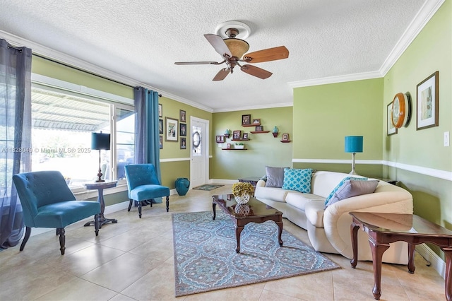 7306 NW 95th Way, Tamarac, FL 33321 - tiled living room with a textured ceiling, ceiling fan, and crown molding