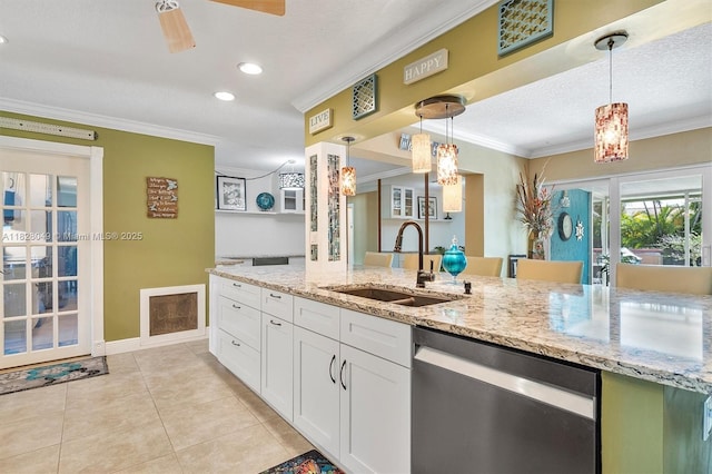 7306 NW 95th Way, Tamarac, FL 33321 - kitchen featuring dishwasher, ornamental molding, white cabinets, decorative light fixtures, and recessed lighting