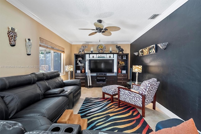 7306 NW 95th Way, Tamarac, FL 33321 - living room featuring ceiling fan, ornamental molding, light carpet, and a textured ceiling