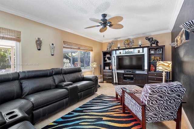 7306 NW 95th Way, Tamarac, FL 33321 - carpeted living area with ceiling fan, healthy amount of natural light, crown molding, and a textured ceiling