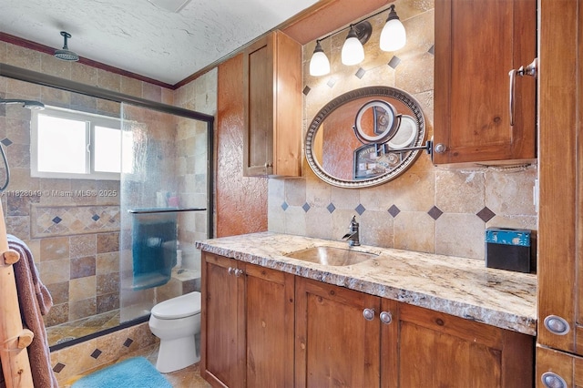 7306 NW 95th Way, Tamarac, FL 33321 - full bath with vanity, a shower stall, backsplash, and a textured ceiling