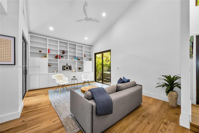 2427 Tequesta Ln, Miami, FL 33133 - living area featuring high vaulted ceiling, light wood-type flooring, recessed lighting, and a ceiling fan