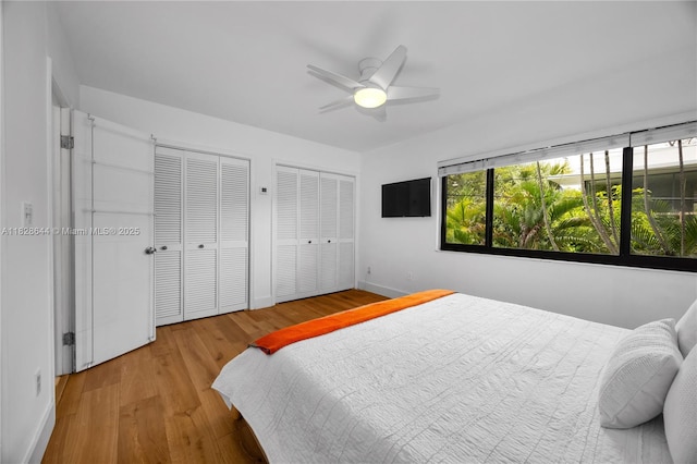 2427 Tequesta Ln, Miami, FL 33133 - bedroom featuring multiple windows, two closets, wood finished floors, and ceiling fan