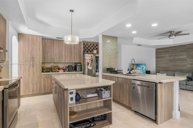 2620 SW 150th Ct, Miami, FL 33185 - kitchen with appliances with stainless steel finishes, a raised ceiling, open shelves, modern cabinets, and recessed lighting