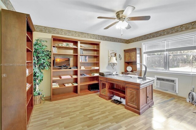 16702 NW 73rd Ct, Hialeah, FL 33015 - office space featuring light wood-style flooring, an AC wall unit, and a ceiling fan