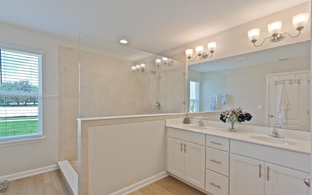 365 Cedarstone Way, Saint Augustine, FL 32092 - bathroom featuring a walk in shower, double vanity, healthy amount of natural light, recessed lighting, and a textured ceiling
