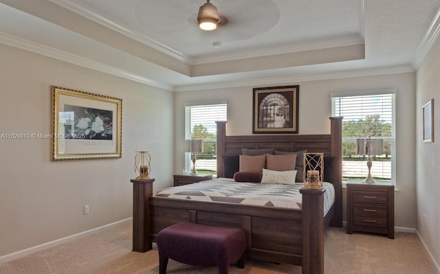 365 Cedarstone Way, Saint Augustine, FL 32092 - bedroom featuring light colored carpet, a tray ceiling, crown molding, multiple windows, and ceiling fan