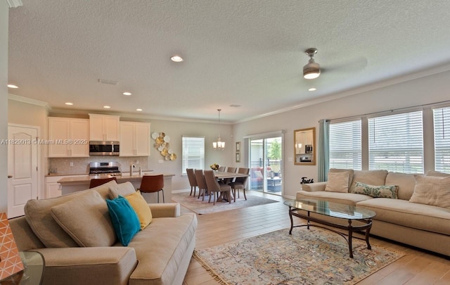 365 Cedarstone Way, Saint Augustine, FL 32092 - living area featuring crown molding, a textured ceiling, light wood finished floors, and recessed lighting