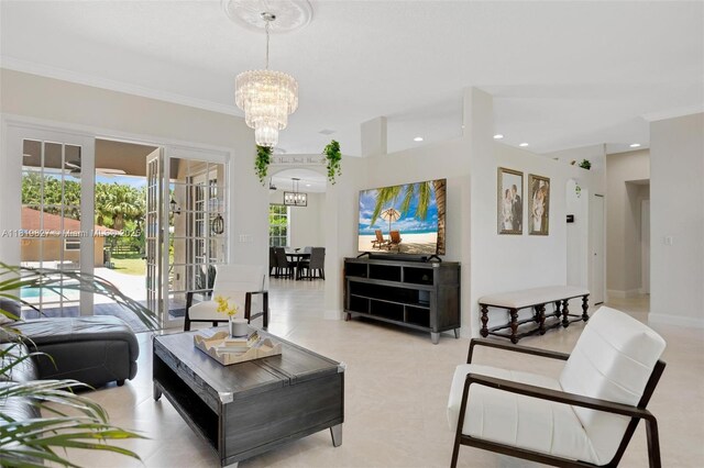 12851 Luray Rd, Southwest Ranches, FL 33330 - living area featuring a chandelier, crown molding, and recessed lighting