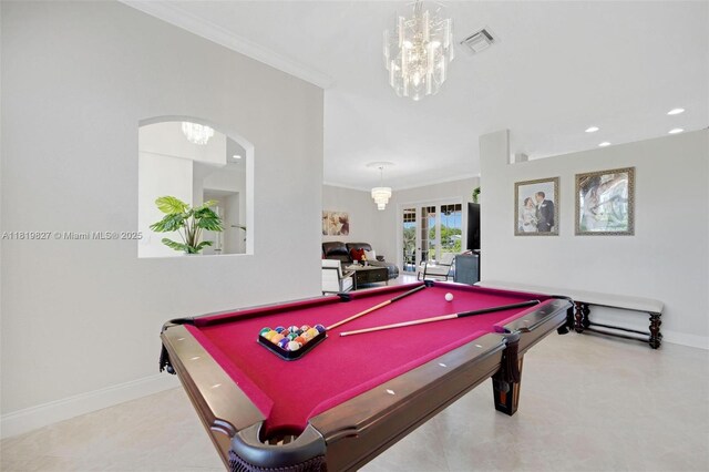 12851 Luray Rd, Southwest Ranches, FL 33330 - rec room with ornamental molding, recessed lighting, a chandelier, billiards, and arched walkways