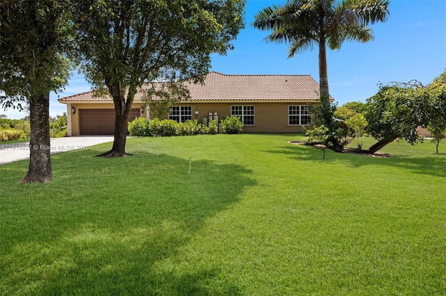 12851 Luray Rd, Southwest Ranches, FL 33330 - view of front of property with a tiled roof, a garage, stucco siding, and a front lawn