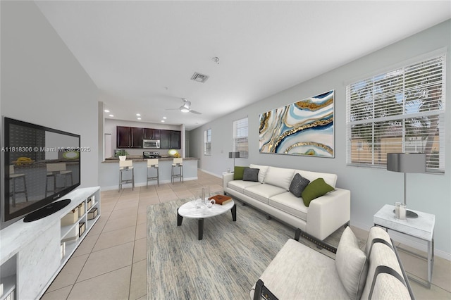 14776 SW 10th St Unit 10501, Pembroke Pines, FL 33027 - living room featuring light tile patterned floors, ceiling fan, and recessed lighting
