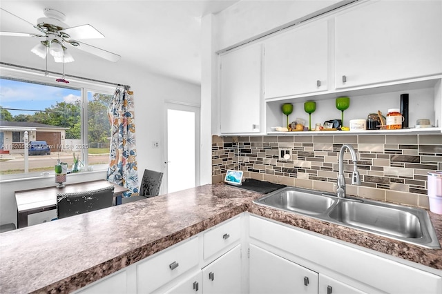 412 S 24th Ave, Hollywood, FL 33020 - kitchen featuring open shelves, tasteful backsplash, ceiling fan, and white cabinetry