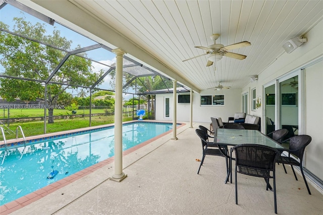 1321 NW 75th Ter, Plantation, FL 33313 - outdoor pool featuring a patio area, a ceiling fan, a lawn, a lanai, and outdoor dining space