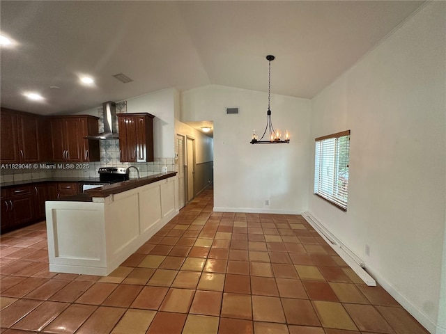 17253 NW 6th Ct, Pembroke Pines, FL 33029 - kitchen featuring wall chimney range hood, range with electric stovetop, lofted ceiling, decorative backsplash, and dark countertops