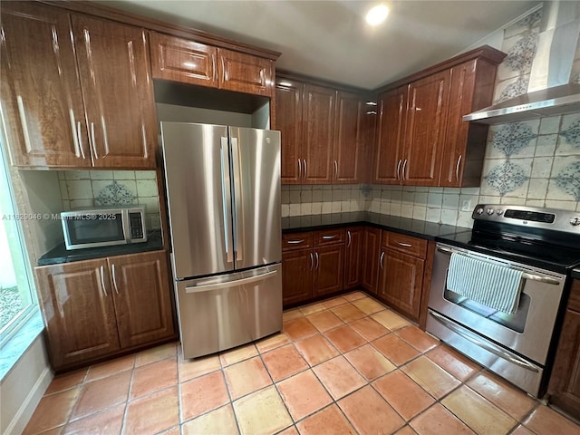 17253 NW 6th Ct, Pembroke Pines, FL 33029 - kitchen with stainless steel appliances, wall chimney exhaust hood, dark countertops, and backsplash