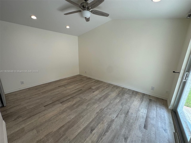 17253 NW 6th Ct, Pembroke Pines, FL 33029 - unfurnished room with ceiling fan, recessed lighting, vaulted ceiling, and wood finished floors