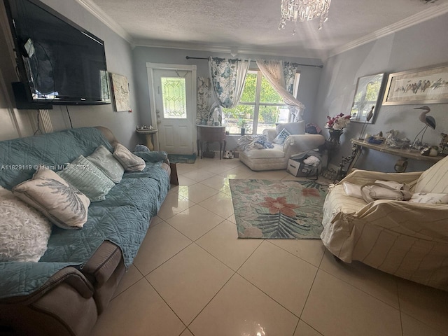 7900 SW 21st Ter, Miami, FL 33155 - tiled living area featuring crown molding, a textured ceiling, and a chandelier