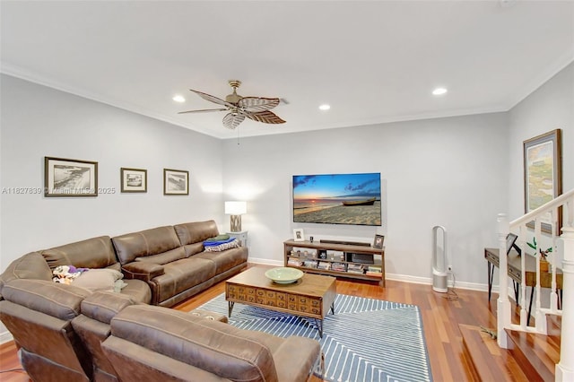 1110 SE 4th Ave, Fort Lauderdale, FL 33316 - living room with ceiling fan, wood finished floors, stairway, recessed lighting, and crown molding