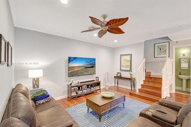 1110 SE 4th Ave, Fort Lauderdale, FL 33316 - living room with stairs, ceiling fan, recessed lighting, wood finished floors, and crown molding