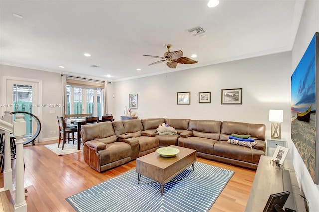 1110 SE 4th Ave, Fort Lauderdale, FL 33316 - living room with recessed lighting, light wood-style floors, a ceiling fan, and ornamental molding