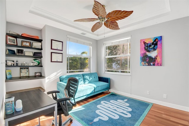 1110 SE 4th Ave, Fort Lauderdale, FL 33316 - office featuring a tray ceiling, wood finished floors, ceiling fan, and ornamental molding
