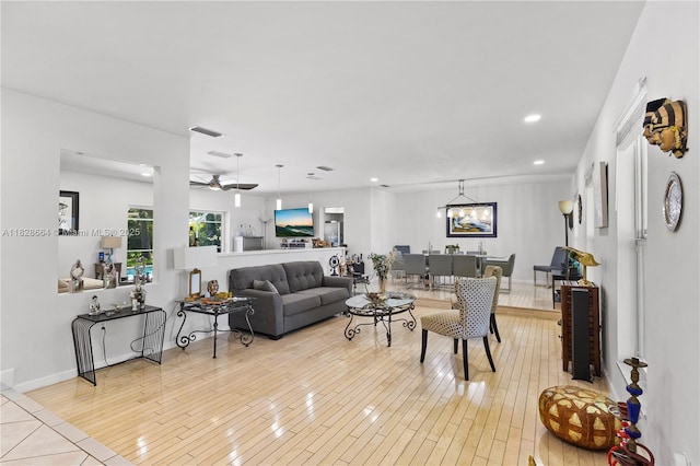 16400 SW 80th Ave, Palmetto Bay, FL 33157 - living area featuring light wood-style flooring, ceiling fan, and recessed lighting
