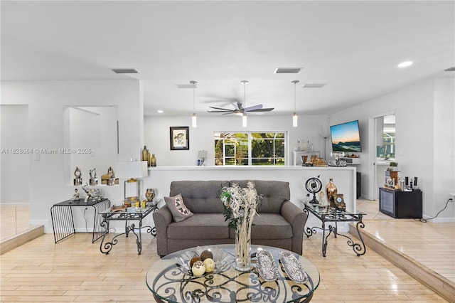 16400 SW 80th Ave, Palmetto Bay, FL 33157 - living room featuring light wood-style floors, ceiling fan, and recessed lighting