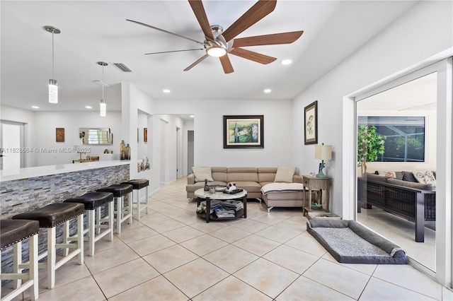16400 SW 80th Ave, Palmetto Bay, FL 33157 - living area with light tile patterned floors, a ceiling fan, and recessed lighting