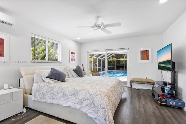 16400 SW 80th Ave, Palmetto Bay, FL 33157 - bedroom featuring a wall mounted air conditioner, access to exterior, dark wood-style floors, a sunroom, and recessed lighting