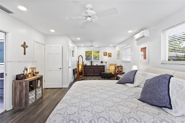 16400 SW 80th Ave, Palmetto Bay, FL 33157 - bedroom with an AC wall unit, dark wood-style floors, recessed lighting, and a ceiling fan