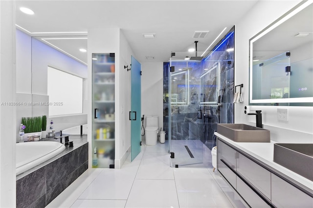 16400 SW 80th Ave, Palmetto Bay, FL 33157 - full bath featuring a marble finish shower, double vanity, a garden tub, tile patterned flooring, and recessed lighting
