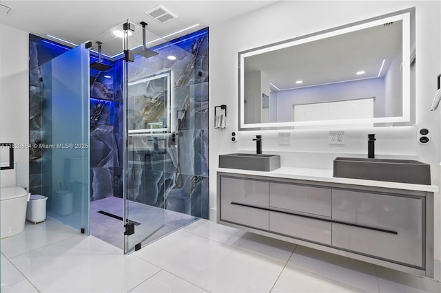 16400 SW 80th Ave, Palmetto Bay, FL 33157 - bathroom featuring double vanity, a marble finish shower, and tile patterned floors