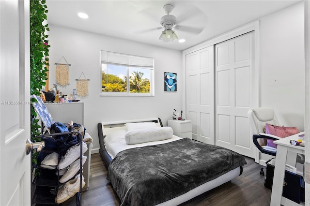 16400 SW 80th Ave, Palmetto Bay, FL 33157 - bedroom with wood finished floors, recessed lighting, a closet, and a ceiling fan