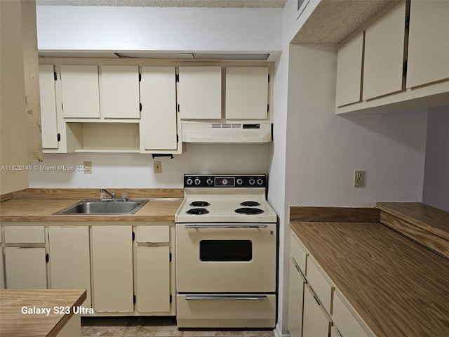 907 NE 199th St Unit 106, Miami, FL 33179 - kitchen featuring under cabinet range hood, white range with electric cooktop, and light countertops