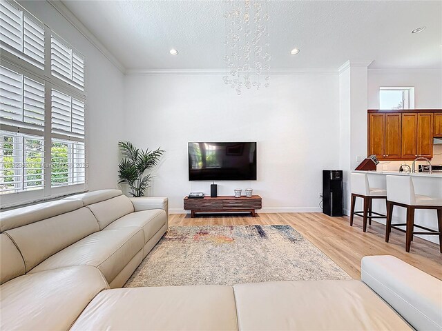 4268 SW 141st Ave, Davie, FL 33330 - living room featuring light wood-type flooring, ornamental molding, recessed lighting, and a textured ceiling