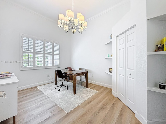 4268 SW 141st Ave, Davie, FL 33330 - office space with crown molding, light wood-style flooring, a chandelier, and built in shelves