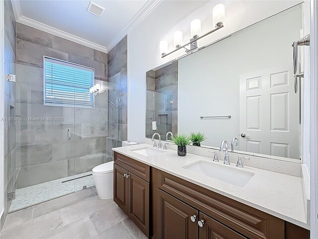 4268 SW 141st Ave, Davie, FL 33330 - bathroom with ornamental molding, a stall shower, and double vanity