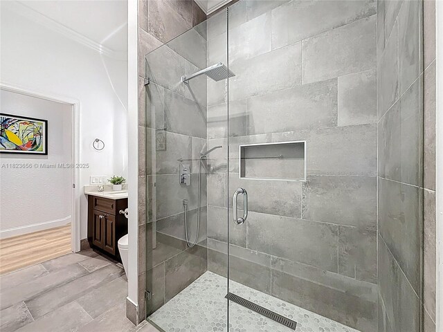 4268 SW 141st Ave, Davie, FL 33330 - bathroom featuring a shower stall, ornamental molding, and vanity