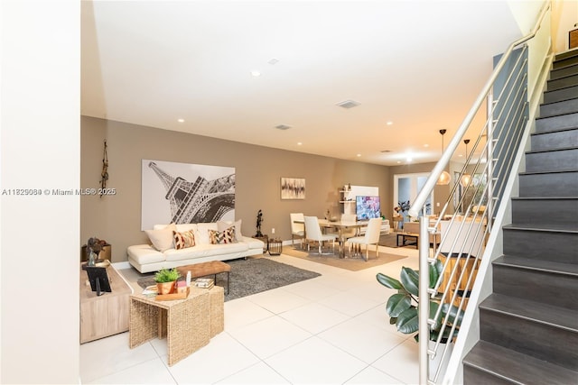10555 NW 64th Way, Doral, FL 33178 - living area featuring stairs, tile patterned flooring, and recessed lighting