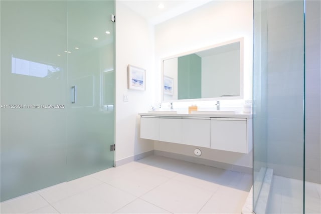 10555 NW 64th Way, Doral, FL 33178 - bathroom with double vanity, a stall shower, tile patterned floors, and recessed lighting