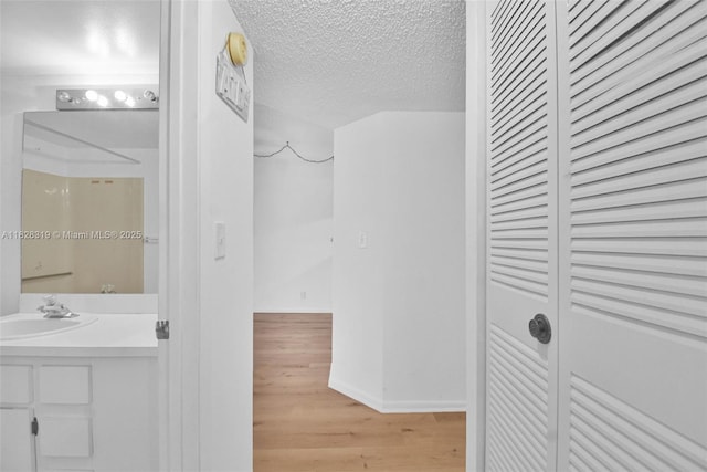 10501 W Broward Blvd Unit 304, Plantation, FL 33324 - bathroom with wood finished floors, vanity, a textured ceiling, and a closet
