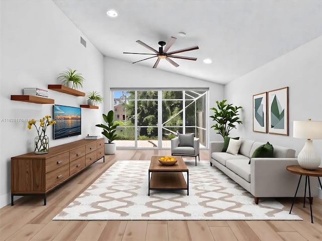 10370 NW 11th St, Plantation, FL 33322 - living room featuring a ceiling fan, light wood finished floors, lofted ceiling, and recessed lighting