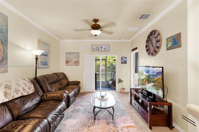 9052 Plymouth Pl Unit 9052, Tamarac, FL 33321 - living room featuring a ceiling fan, crown molding, and light tile patterned flooring