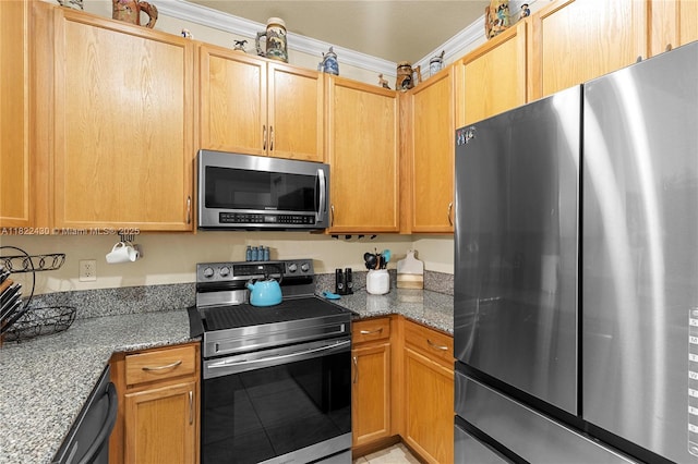 9052 Plymouth Pl Unit 9052, Tamarac, FL 33321 - kitchen with appliances with stainless steel finishes, light stone countertops, light tile patterned floors, and crown molding