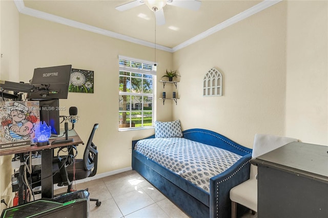 9052 Plymouth Pl Unit 9052, Tamarac, FL 33321 - bedroom featuring ornamental molding, tile patterned flooring, and ceiling fan